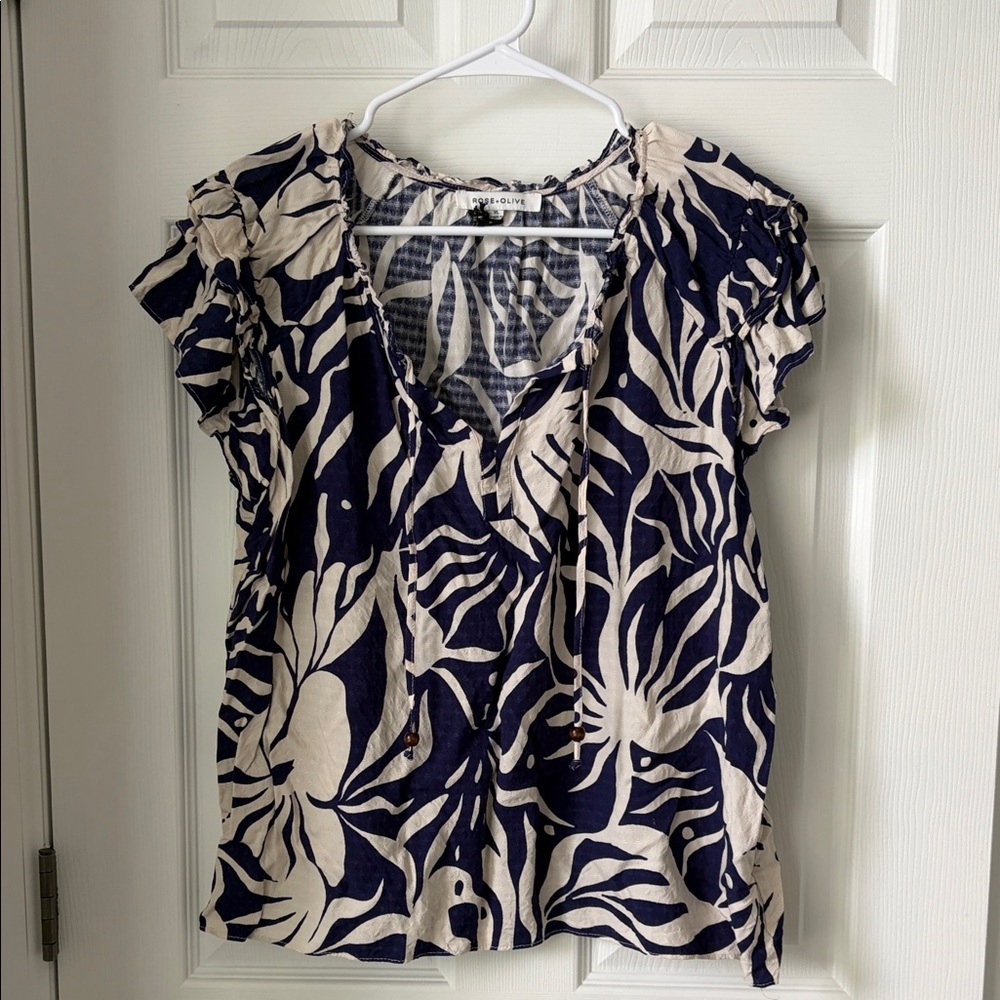 Rose and Olive Navy and Cream Floral Tie-Front Women's Top
